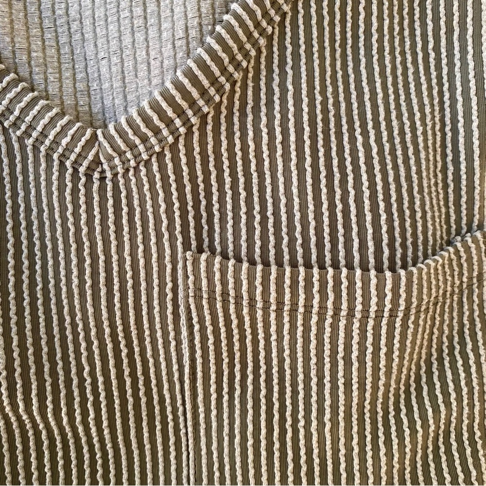 Textured Rib V-Neck Pocket Tee — Sage/Olive Stripe (Size S) - Picture 7 of 9